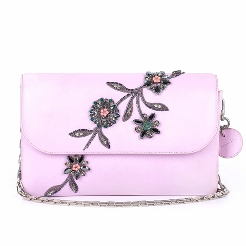 Túi Dior Da Calfskin Màu Hồng Đính Đá Khóa Trắng
