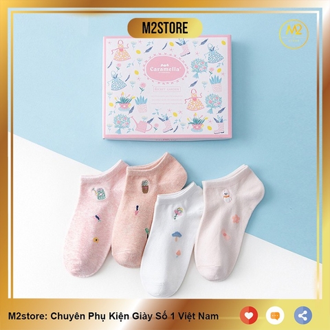Set Tất Vớ Nữ Cổ Ngắn Caramella 4 Đôi Cao Cấp Sa Mạc Hoa Cute TNG47