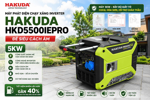 Máy Phát Điện Chạy Xăng Inverter Hakuda 5KW HKD5500IEPRO Đề: Siêu Cách Âm, Siêu Tiết Kiệm!