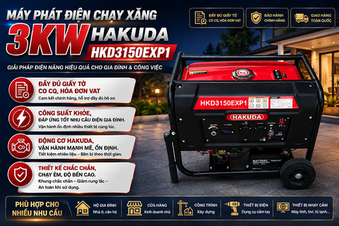 Máy Phát Điện Chạy Xăng 3KW Hakuda HKD3150EXP1 - Giải Pháp Nguồn Điện Dự Phòng Hoàn Hảo
