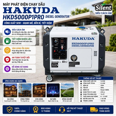Máy Phát Điện Chạy Dầu 5KW Hakuda HKD5000P1PRO Siêu Cách Âm: Giải Pháp Điện Dự Phòng Hoàn Hảo