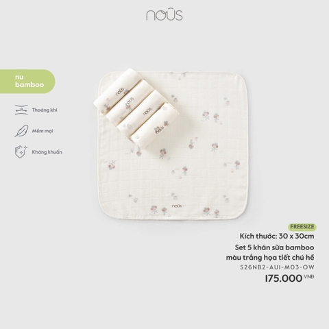 Nous Set 5 khăn sữa bamboo màu trắng họa tiết chú hề