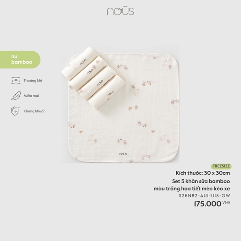 Nous Set 5 khăn sữa bamboo màu trắng họa tiết mèo kéo xe
