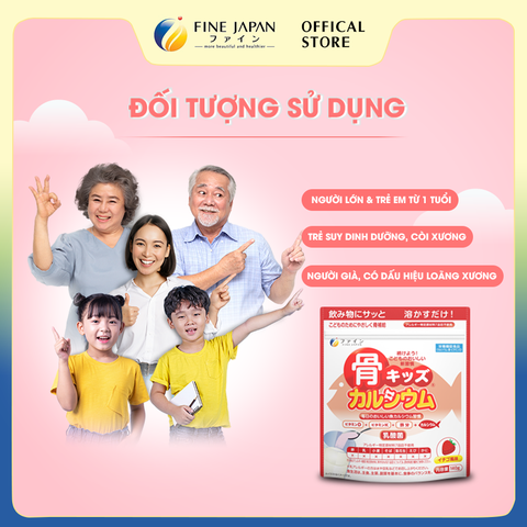 [Vị Dâu] Bột Canxi Cá Tuyết Fine Bone's Calcium For Kids FINE JAPAN bổ sung Canxi phát triển chiều cao gói 140g