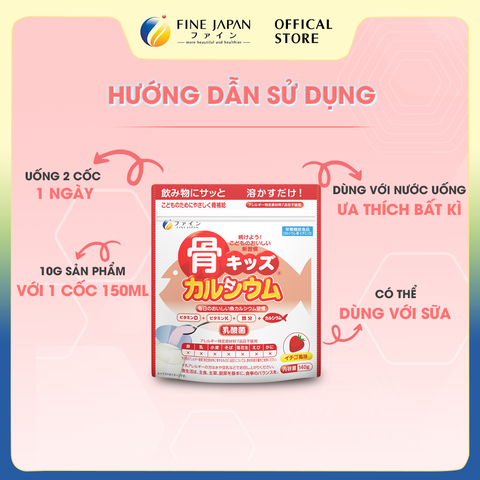 [Vị Dâu] Bột Canxi Cá Tuyết Fine Bone's Calcium For Kids FINE JAPAN bổ sung Canxi phát triển chiều cao gói 140g