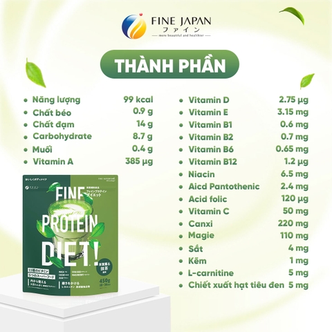 THỰC PHẨM BỔ SUNG FINE PROTEIN DIET BỔ SUNG PROTEIN VỊ MATCHA GÓI 450G