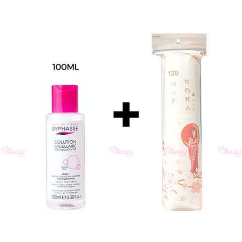 Bộ đôi Nước tẩy trang Byphasse 500ml + Bông tẩy trang Sora Nhật Bản 120 miếng sạch sâu giảm mụn
