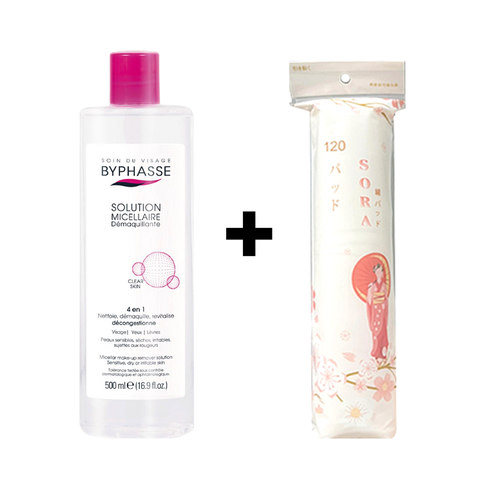 Bộ đôi Nước tẩy trang Byphasse 500ml + Bông tẩy trang Sora Nhật Bản 120 miếng sạch sâu giảm mụn