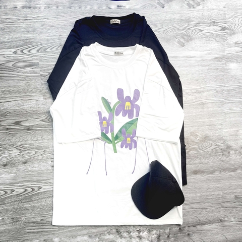 MS015 Áo Thun Unisex Nam Nữ, Áo Thun Form Rộng Thời Trang In Hình Hoa Tím Dễ Thương Freesize