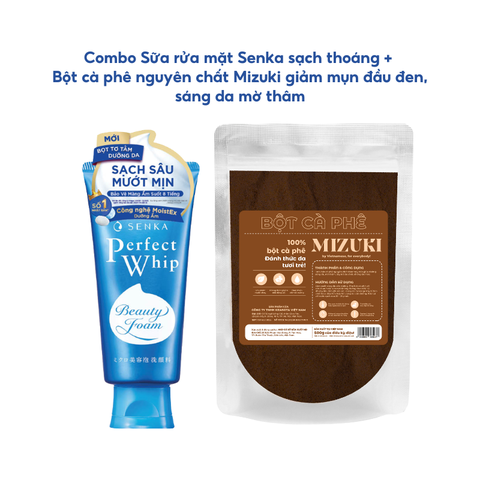 Combo Sữa rửa mặt Senka sạch thoáng (xanh dương) & Bột cà phê nguyên chất Mizuki giảm mụn đầu đen, sáng da mờ thâm