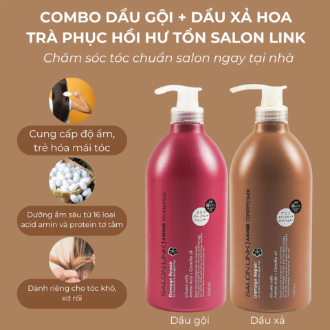 Dầu Gội, Dầu Xả Phục Hồi Hư Tổn Chiết Xuất Hoa Trà Salon Link Amino 1000ml