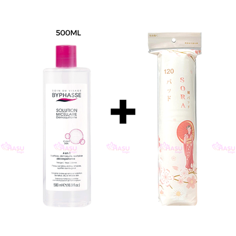 Bộ đôi Nước tẩy trang Byphasse 500ml + Bông tẩy trang Sora Nhật Bản 120 miếng sạch sâu giảm mụn