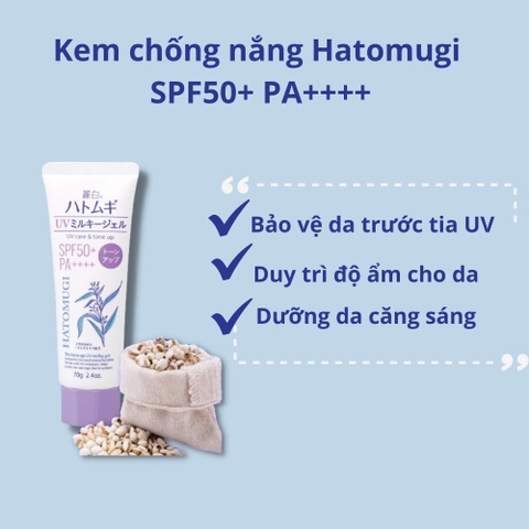 Kem Chống Nắng Nâng Tone Dưỡng Ẩm, Làm Sáng Da Hatomugi The Tone Up UV Milky Gel SPF50+ PA++++ 70g
