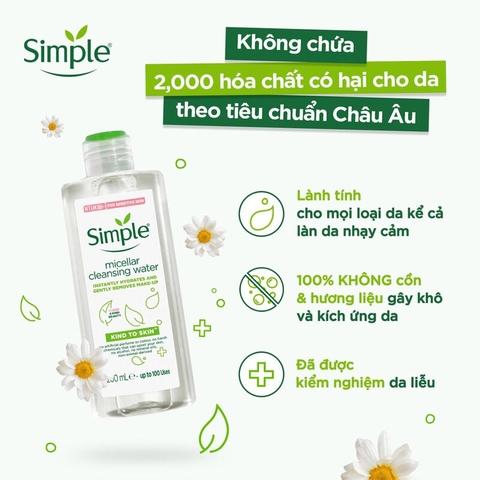 Nước Tẩy Trang Simple Dành Cho Da Nhạy Cảm Kind To Skin Micellar Cleansing Water 200ml