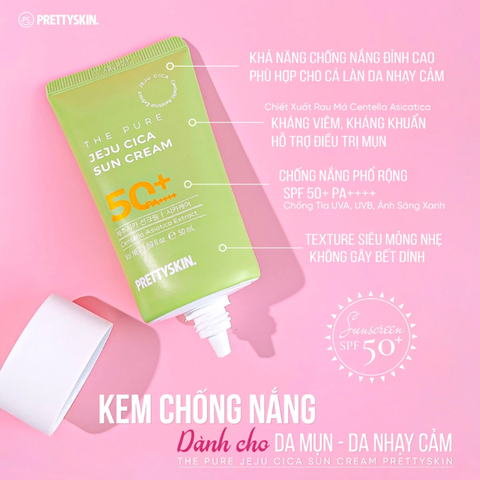 Kem Chống Nắng Rau Má Dành Cho Da Dầu Mụn Nhạy Cảm PRETTYSKIN Jeju Cica SPF50+ PA++++ 50ml
