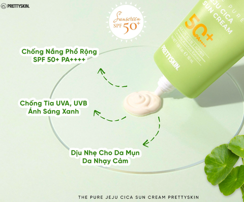 Kem Chống Nắng Rau Má Dành Cho Da Dầu Mụn Nhạy Cảm PRETTYSKIN Jeju Cica SPF50+ PA++++ 50ml