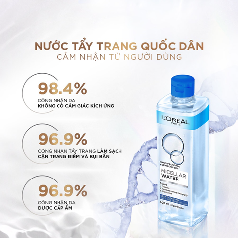 [Chính Hãng] Nước tẩy trang làm sạch, dưỡng ẩm cho mọi loại da L'Oreal 3-in-1 Micellar Water 400ml