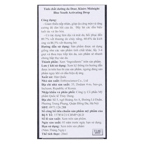 Tinh Chất Dưỡng Phục Hồi, Ngừa Lão Hóa Da Dear, Klairs Midnight Blue Youth Activating Drop 20ml
