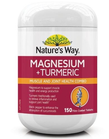 ( Hàng Úc) Viên uống bổ sung magie và nghệ tươi Natures Way Magnesium + Turmeric 150 Tablets New Formula
