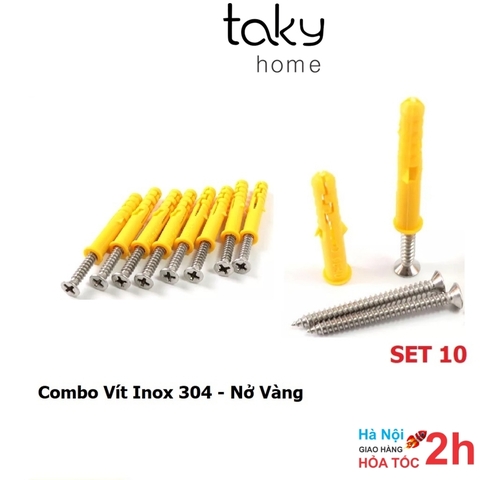 Set 10 Vít Inox 304 Kèm Nở Nhựa màu Vàng 6 - 8mm - Hàng Tốt, Vít Inox Nở Treo Tường Chắc Chắn, Chống Gỉ - TakyHome  5080