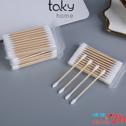 Túi 100 Tăm Bông Ngoáy Tai, Lấy Ráy Tai Thân Gỗ, Bông Kháng Khuẩn Thân Thiện Với Môi Trường. TakyHome 7033