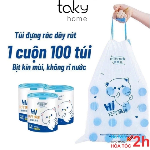 Túi Đựng Rác, Cuộn 100 Túi Có Quai Rút, Tự Huỷ Sinh Học, Kích Thước 45 x 50 cm, Siêu Dai, Chịu Nhiệt. TakyHome 5625