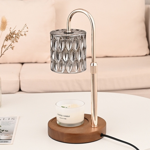 Đèn đốt nến đế gỗ tròn chụp trụ thủy tinh tổ ong-BL