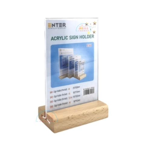 Kệ mica 2 mặt A6 E44 đế gỗ đứng-SM