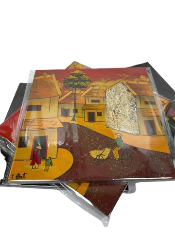 Tranh gỗ sơn mài vuông trâu+phố 15cm-SMTB