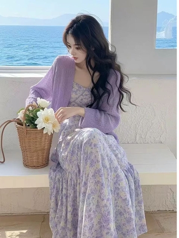 Set Đồ Phong Cách Nhẹ Nhàng Màu Tím, Tươi Trẻ, Áo Len Và Váy Voan Hoa, Bộ Đồ Hai Mảnh Sành Điệu D128250