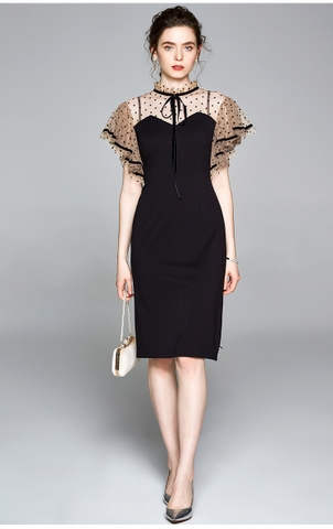 Đầm body chấm bi tay bèo cổ nơ phong cách công sở Xiny D263230
