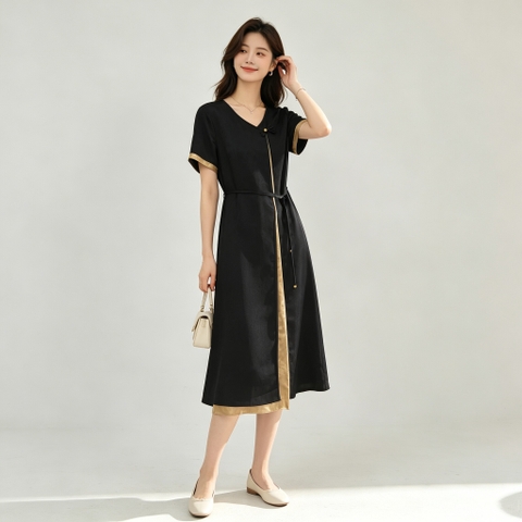 Đầm sa tanh giả 2 lớp dây buộc tân trung hoa B0626