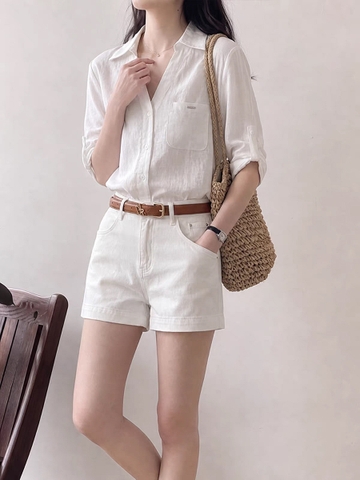 Áo Sơ Mi Vải Lanh Tay Lỡ Cổ V Dáng Rộng Phong Cách Old Money