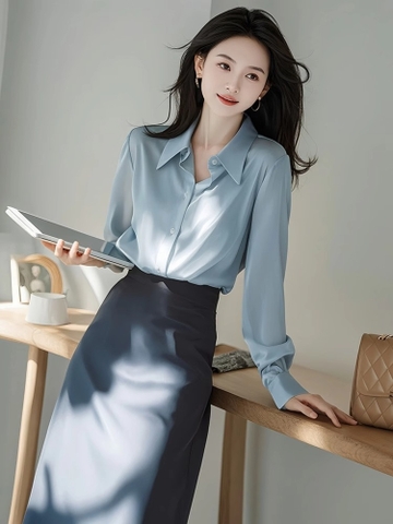 Set áo sơ mi + váy vest nữ phong cách cao lạnh, bộ đồ công sở đầu thu 2025 màu xanh thanh lịch D145250