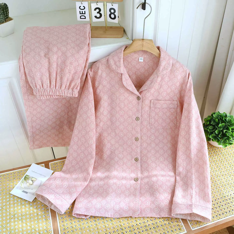 Bộ Đồ Ngủ Pyjama Vải Xô Cotton Jacquard Dài Tay Họa Tiết Vintage