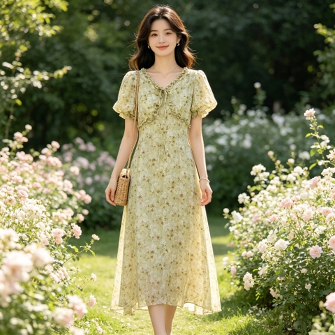 Đầm dài hoa nhí tay bồng viền bèo B639