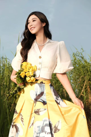 Set đầm hai mảnh Áo sơ mi tay bồng, váy chữ A cạp cao, sang trọng, hiện đại, tôn dáng D103250