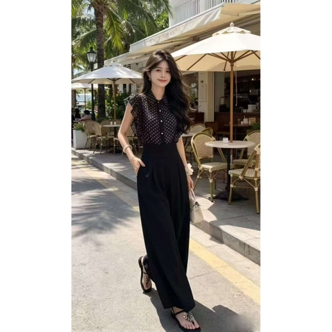 Set 2 món: Áo sơ mi chấm bi tay cánh tiên + Quần ống rộng cạp cao B387