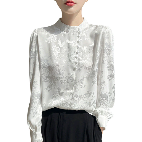 Áo Sơ Mi Nữ Tay Dài Phong Cách Trung Hoa - Cổ Đứng Dệt Jacquard, Cài Cúc Truyền Thống, Thanh Lịch