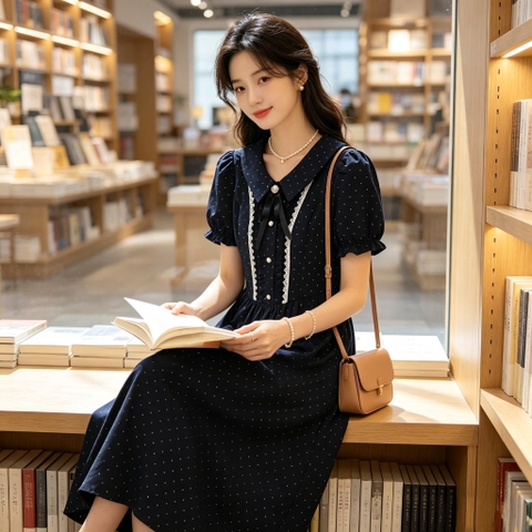 Đầm chấm bi nơ phong cách preppy B635