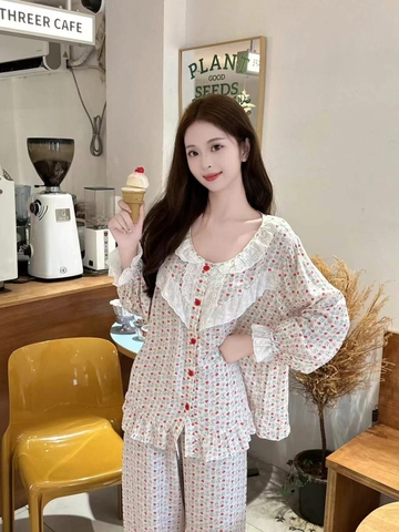 Bộ Đồ Ngủ Lụa Cotton Cao Cấp Mới Cho Nữ, Cổ Tròn Họa Tiết hoa nhí Sang Trọng DN156250
