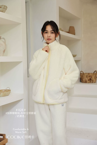 Bộ đồ ngủ nhung san hô lót lông cừu ấm áp - mặc nhà mùa thu đông