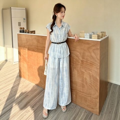 Set 2 món sơ mi chiết eo + quần ống rộng lưng cao B592