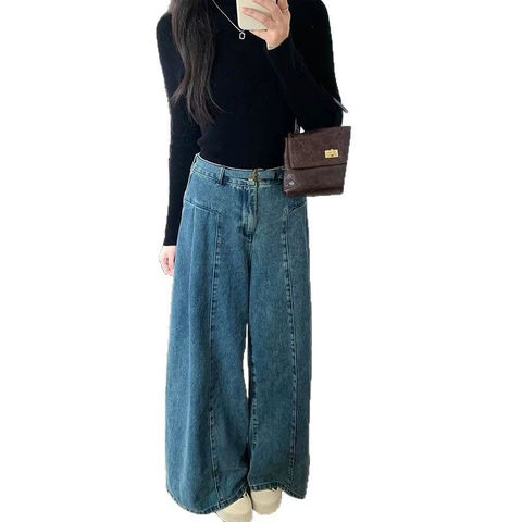 Quần jean lưng cao ống rộng dáng suông cổ điển - che khuyết điểm, sẵn size đại