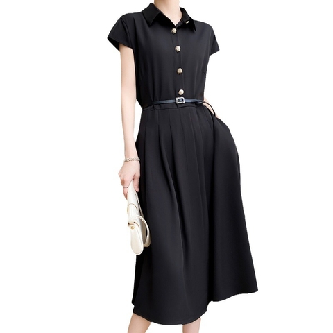 Đầm Sơ Mi Ngắn Tay Chất Acetate Phong Cách Hepburn Pháp Thanh Lịch