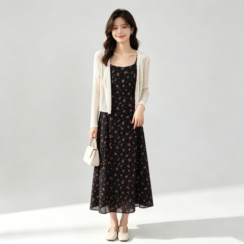 Set 2 món: Áo khoác + Đầm hoa nhí phong cách Pháp B680