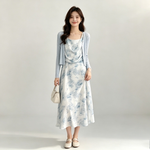 Set 2 món: Áo khoác + Đầm hoa nhí phong cách Pháp B681