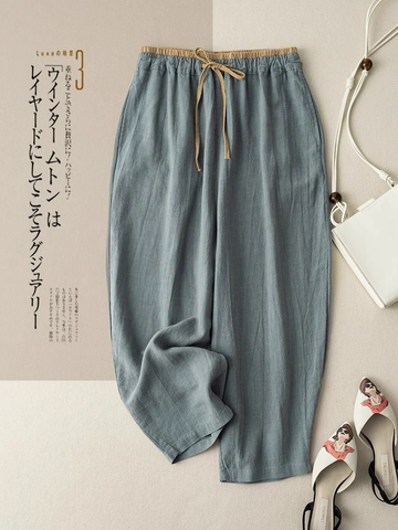 Quần vải ống rộng cotton lanh phong cách Hàn Quốc - cạp chun rút tôn dáng