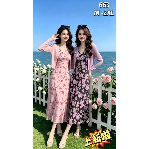 Set 2 món: Áo khoác + Đầm hoa nhí cổ yếm B571