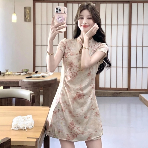 Set 2 món sườn xám satin hoa nổi + quần short B580